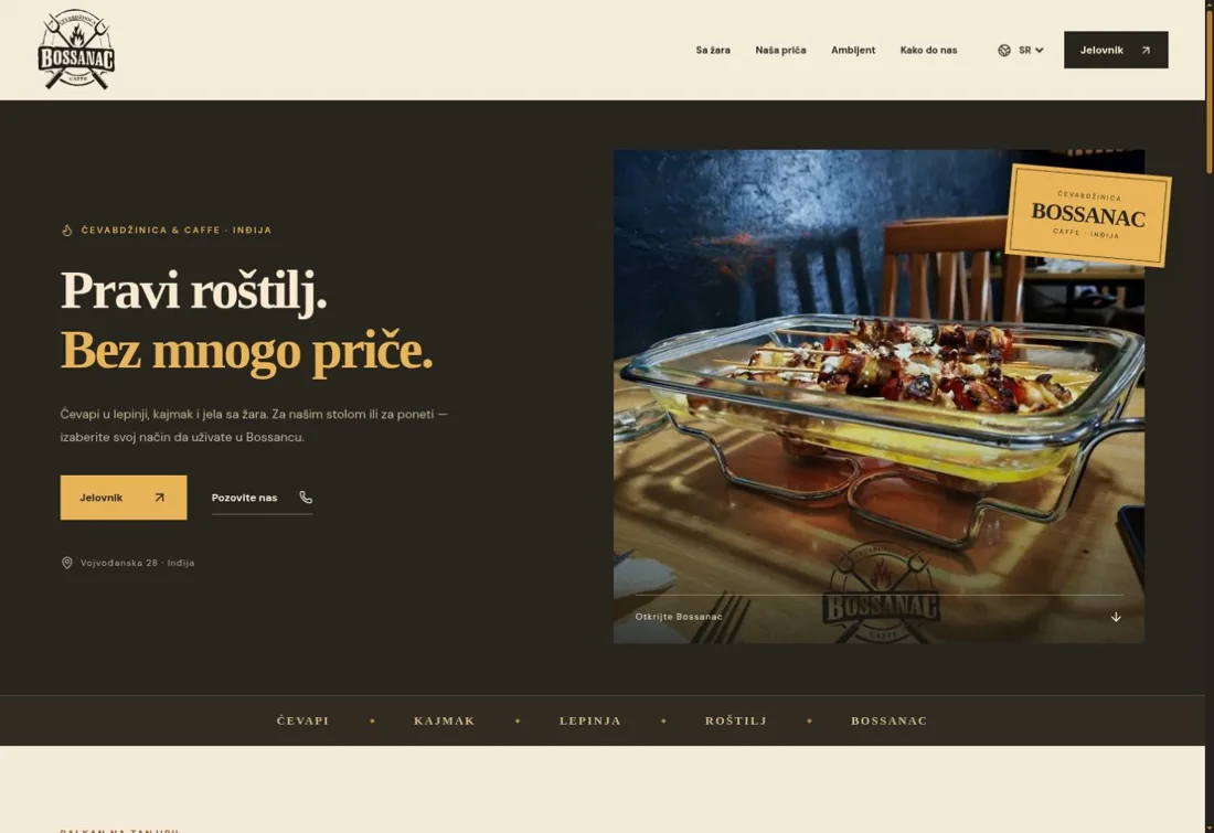 Screenshot der Bossanac-Demo mit dunklem Balkan-Grill-Design, gelben Akzenten und Restaurantfotografie