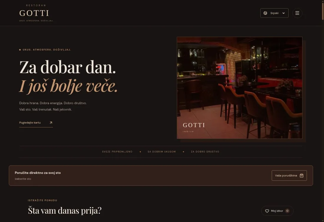 Screenshot der Gotti-Demo mit dunklem Restaurantdesign und digitaler Speisekarte