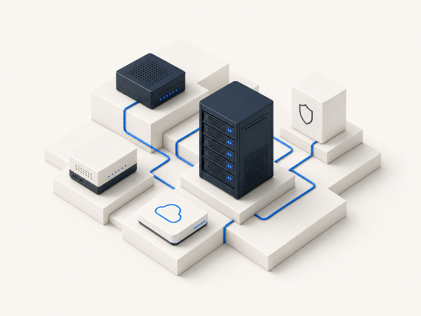 Illustration einer vernetzten IT-Plattform mit Servern, Netzwerk und Datensicherung